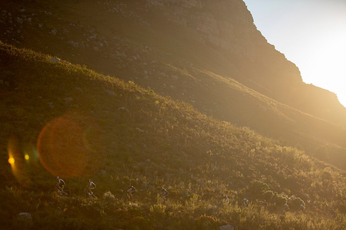The Mens field during stage 1 of the 2022 Absa Cape Epic Mountain Bike stage race from Lourensford Wine Estate to Lourensford Wine Estate, South Africa on the 21st March 2022. Photo by Gary Perkin