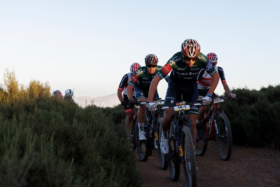 during Stage 1 of the 2025 Absa Cape Epic Mountain Bike stage race held at Meerendal Wine Estate, Cape Town, South Africa on the 17th March 2025. Photo by Nick Muzik/Cape Epic
PLEASE ENSURE THE APPROPRIATE CREDIT IS GIVEN TO THE PHOTOGRAPHER AND ABSA