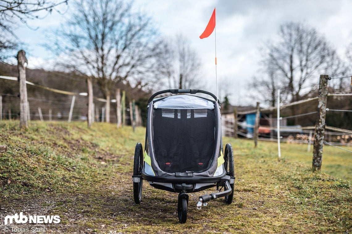 Schlanker Fuß und das ist schon der breitere Zweisitzer: der Hamax Breeze Fahrradanhänger für Kinder von vorne.