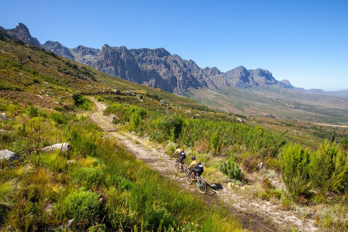 Riders during stage 1 of the 2022 Absa Cape Epic Mountain Bike stage race from Lourensford Wine
Estate to Lourensford Wine Estate, South Africa on the 21st March 2022. Photo Sam Clark/Cape Epic