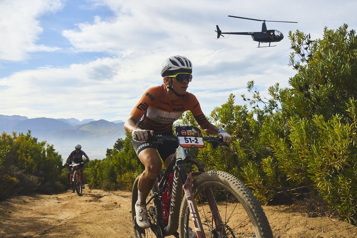 during Stage 4 of the 2025 Absa Cape Epic Mountain Bike stage race held at Fairview, Paarl, Cape Town, South Africa on the 20th March 2025. Photo by Michael Chiaretta/Cape Epic
PLEASE ENSURE THE APPROPRIATE CREDIT IS GIVEN TO THE PHOTOGRAPHER AND ABS