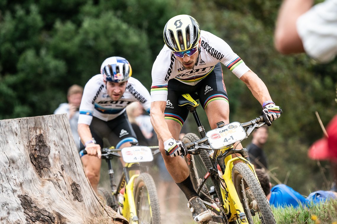 Nino SCHURTER (SUI) and Lars FORSTER (SUI) of team Scott-SRAM MTB-Racing during the Prologue of the 2019 Absa Cape Epic Mountain Bike stage race held at the University of Cape Town in Cape Town, South Africa on the 17th March 2019.

Photo by Greg B