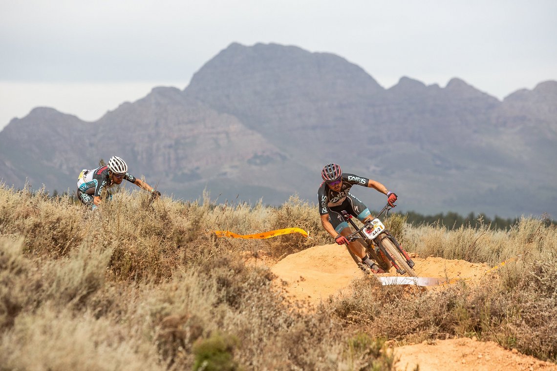 Jose Bernardo Vintimilla Corral and Galo Tamayo during stage 5 of the 2019 Absa Cape Epic Mountain Bike stage race held from Oak Valley Estate in Elgin to the University of Stellenbosch Sports Fields in Stellenbosch, South Africa on the 22nd March 20
