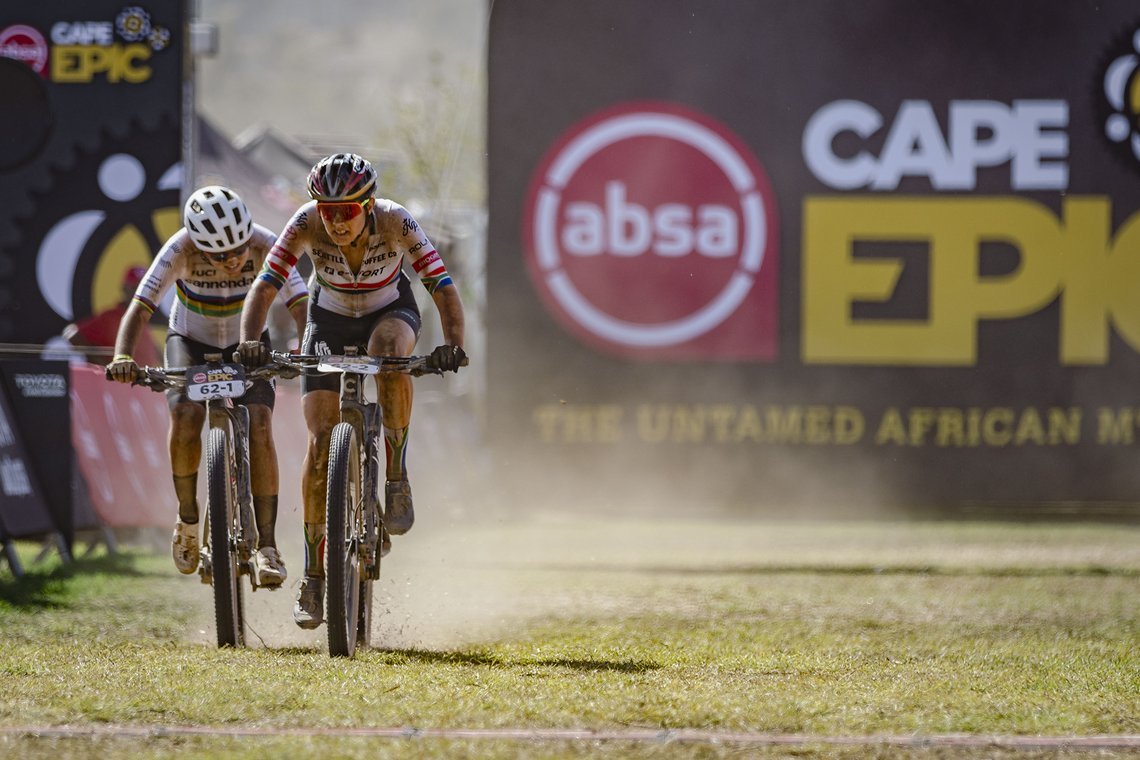 2nd Place Candice Lill & Mona Mitterwallner during Stage 5 of the 2024 Absa Cape Epic Mountain Bike stage race from CPUT, Wellington to CPUT, Wellington, South Africa on 22 March 2024. Photo by Max Sullivan/Cape Epic
PLEASE ENSURE THE APPROPRIATE CRE
