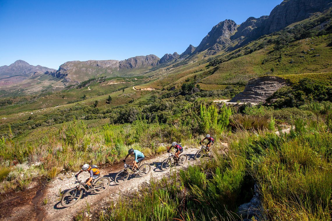 Riders during stage 1 of the 2022 Absa Cape Epic Mountain Bike stage race from Lourensford Wine
Estate to Lourensford Wine Estate, South Africa on the 21st March 2022. Photo Sam Clark/Cape Epic