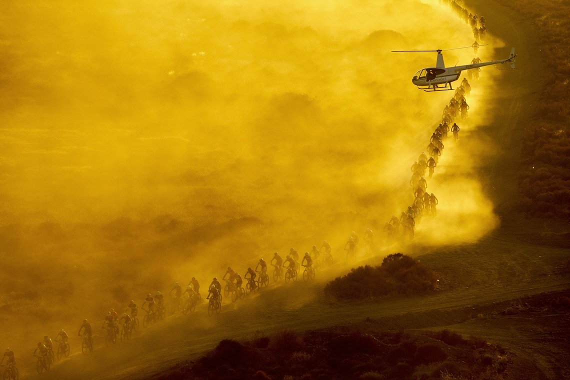 The main field leaves Worcester during stage 5 of the 2015 Absa Cape Epic Mountain Bike stage race held from HTS Drostdy in Worcester to the Cape Peninsula University of Technology in Wellington, South Africa on the 20 March 2015

Photo by Gary Per