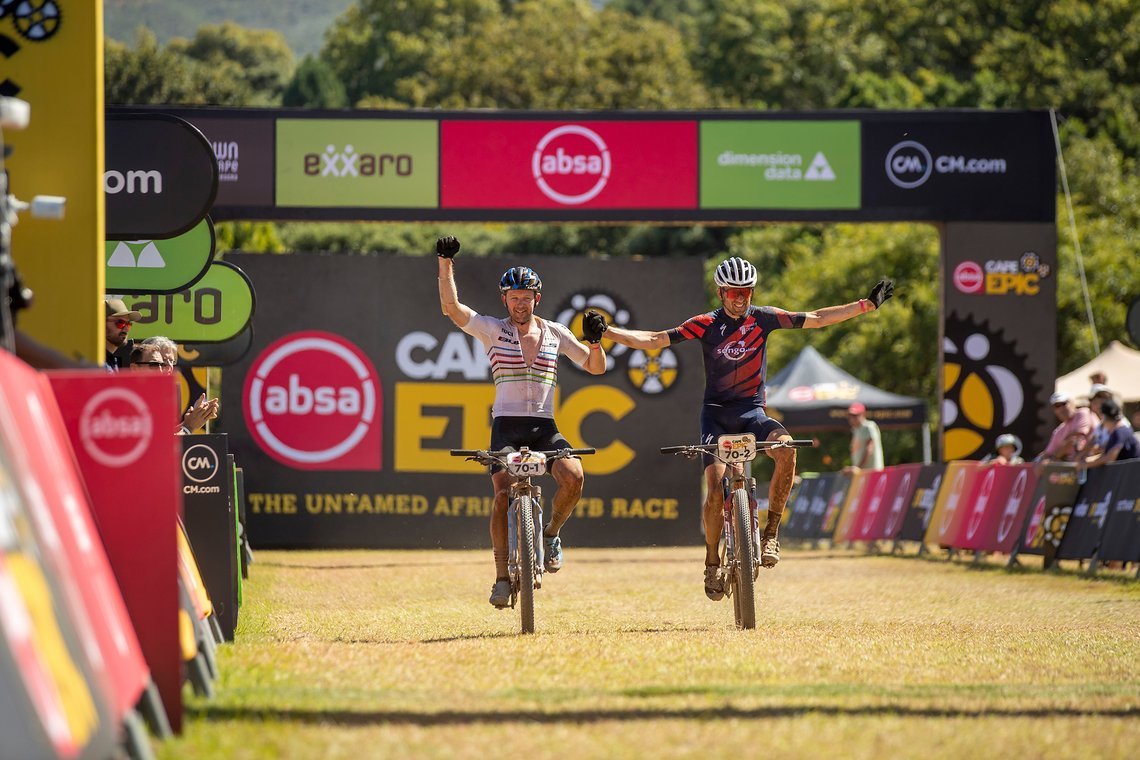 Karl Platt and Christoph Sauser of songo NinetyOne Epic Legends during stage 1 of the 2022 Absa Cape Epic Mountain Bike stage race from Lourensford Wine Estate to Lourensford Wine Estate, South Africa on the 21st March 2022. Photo by Gary Perkin