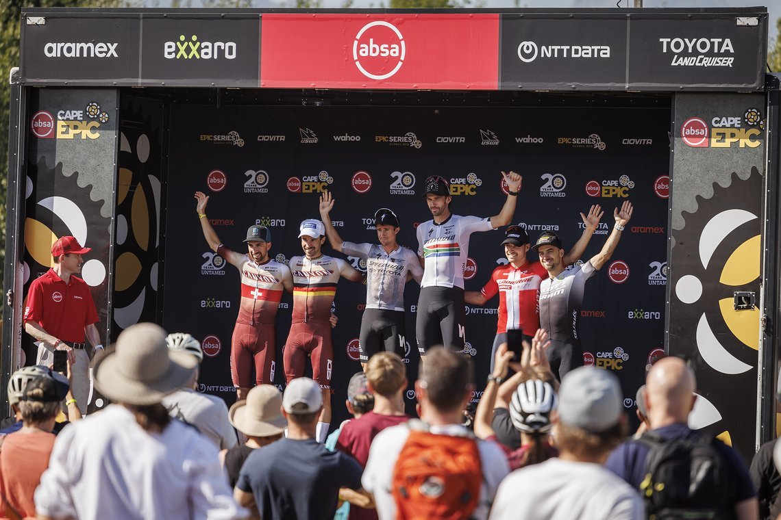 The Mens podium during Stage 5 of the 2024 Absa Cape Epic Mountain Bike stage race from CPUT, Wellington to CPUT, Wellington, South Africa on 22 March 2024. Photo by Nick Muzik/Cape Epic
PLEASE ENSURE THE APPROPRIATE CREDIT IS GIVEN TO THE PHOTOGRAPH