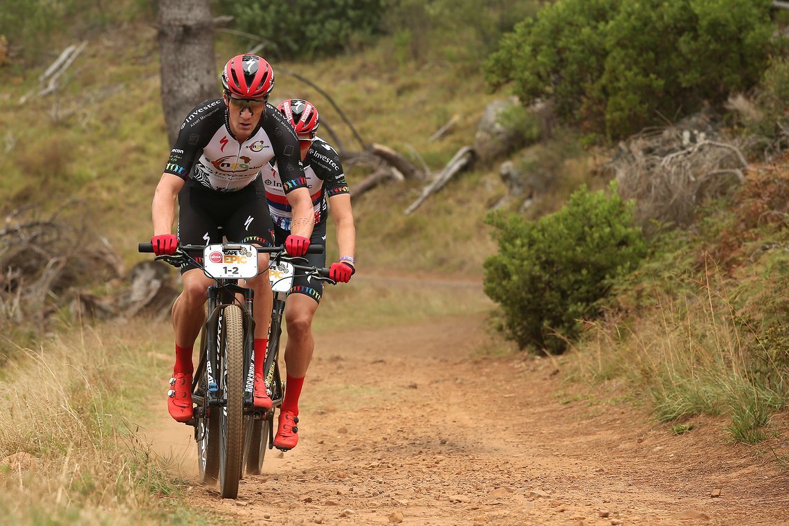 Sam Gaze leads Jaroslav Kulhavy of InvestecsongoSpecialized during the Prologue of the 2019 Absa Cape Epic Mountain Bike stage race held at the University of Cape Town in Cape Town, South Africa on the 17th March 2019.

Photo by Shaun Roy/Cape Epic