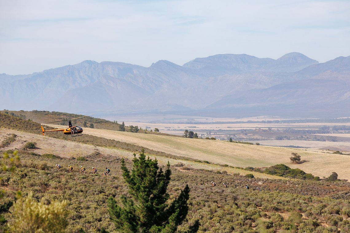 The Lead bunch during Stage 1 of the 2024 Absa Cape Epic Mountain Bike stage race from Saronsberg Wine Estate to Saronsberg Wine Estate, Tulbagh, South Africa on the 18th March 2024. Photo by Nick Muzik/Cape Epic
PLEASE ENSURE THE APPROPRIATE CREDIT 