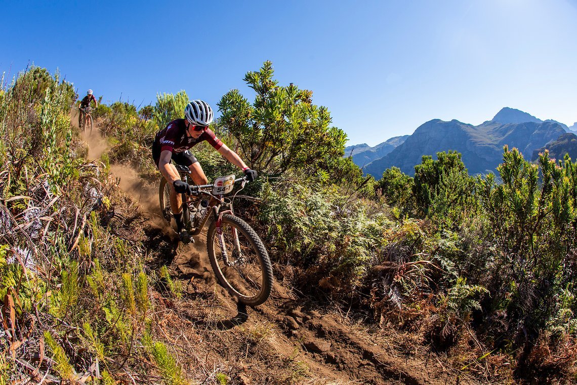 Sofia Gomez Villafane and Haley Batten during stage 1 of the 2022 Absa Cape Epic Mountain Bike stage race from Lourensford Wine
Estate to Lourensford Wine Estate, South Africa on the 21st March 2022. Photo Sam Clark/Cape Epic