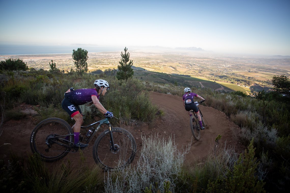 Crystal Anthony and Serena Gordon of LIV racing during stage 1 of the 2022 Absa Cape Epic Mountain Bike stage race from Lourensford Wine Estate to Lourensford Wine Estate, South Africa on the 21st March 2022. Photo by Nick Muzik/Cape Epic
PLEASE ENSU