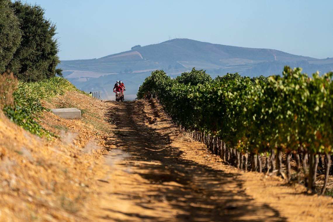 Riders cresting a hill during stage 1 of the 2022 Absa Cape Epic Mountain Bike stage race from Lourensford Wine Estate to Lourensford Wine Estate, South Africa on the 21st March 2022.