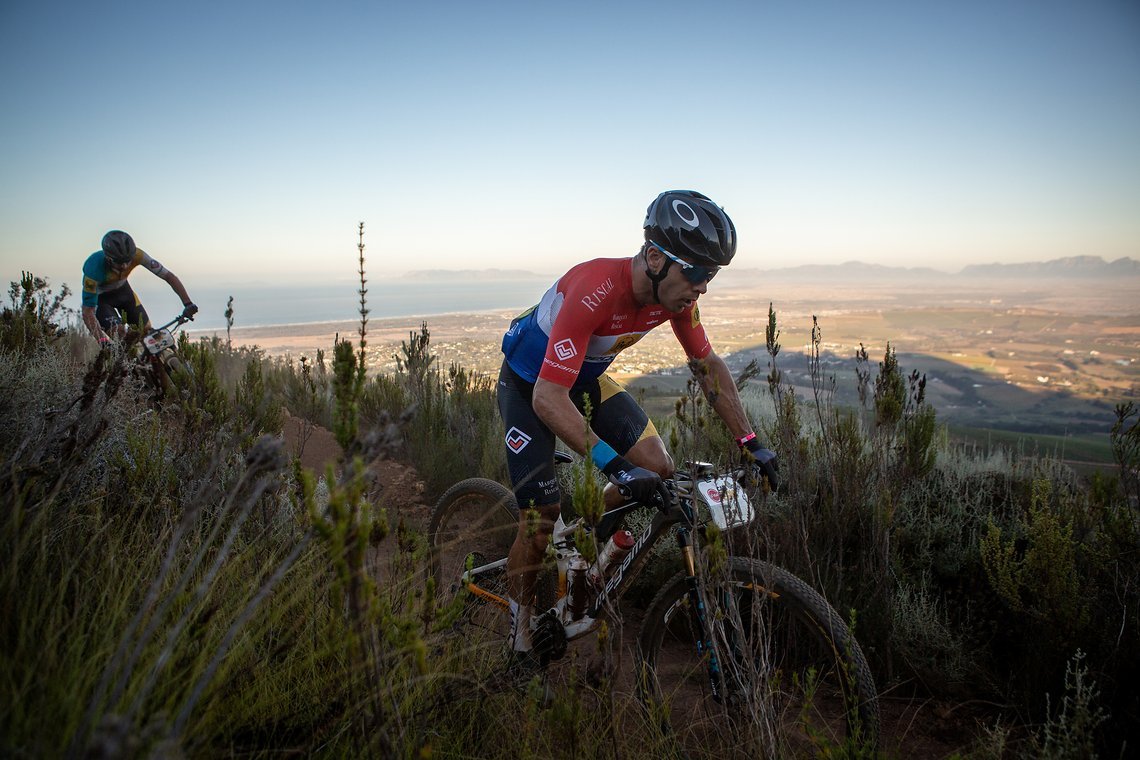 Hans Becking and José Dias of Buff-Megamo during stage 1 of the 2022 Absa Cape Epic Mountain Bike stage race from Lourensford Wine Estate to Lourensford Wine Estate, South Africa on the 21st March 2022. Photo by Nick Muzik/Cape Epic
PLEASE ENSURE THE