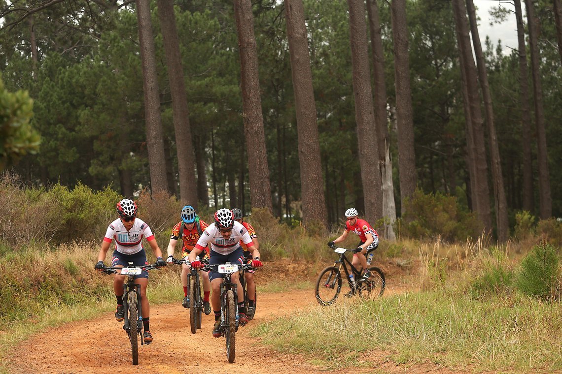 Shayna Powless and David Miller lead a group up the climb during the Prologue of the 2019 Absa Cape Epic Mountain Bike stage race held at the University of Cape Town in Cape Town, South Africa on the 17th March 2019.

Photo by Shaun Roy/Cape Epic
