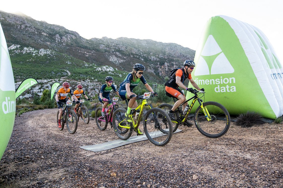 Candice Lill and Adelheid Morathwith the Dimension Data hotspot during stage 5 of the 2019 Absa Cape Epic Mountain Bike stage race held from Oak Valley Estate in Elgin to the University of Stellenbosch Sports Fields in Stellenbosch, South Africa on t