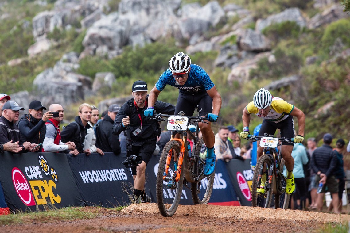 Brendan Johnston (front) and Cameron Ivory (rear) during the Prologue of the 2019 Absa Cape Epic Mountain Bike stage race held at the University of Cape Town in Cape Town, South Africa on the 17th March 2019.

Photo by Sam Clark/Cape Epic

PLEASE