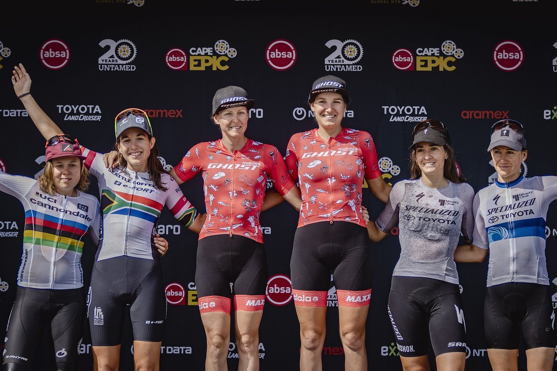 Podium Stage 5 of the 2024 Absa Cape Epic Mountain Bike stage race from CPUT, Wellington to CPUT, Wellington, South Africa on 22 March 2024. Photo by Max Sullivan/Cape Epic
PLEASE ENSURE THE APPROPRIATE CREDIT IS GIVEN TO THE PHOTOGRAPHER AND ABSA CA
