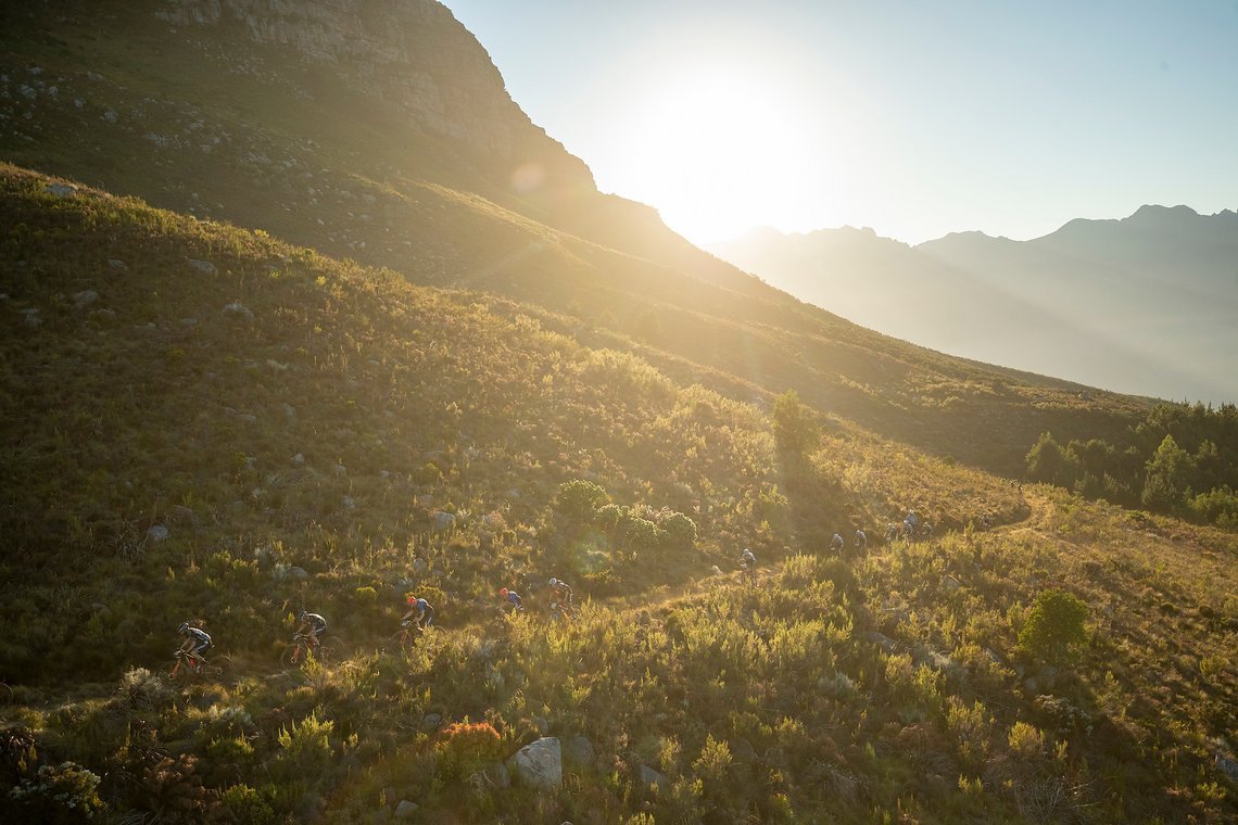The mens field during stage 1 of the 2022 Absa Cape Epic Mountain Bike stage race from Lourensford Wine Estate to Lourensford Wine Estate, South Africa on the 21st March 2022. Photo by Gary Perkin