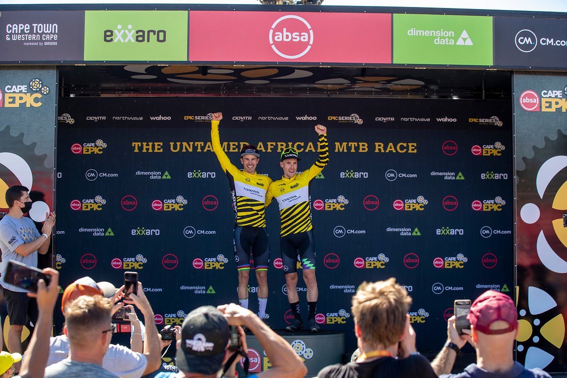 Overall leaders Andreas Seewald and Martin Stosek of Canyon Northwave MTB during stage 1 of the 2022 Absa Cape Epic Mountain Bike stage race from Lourensford Wine Estate to Lourensford Wine Estate, South Africa on the 21st March 2022. Photo by Gary P