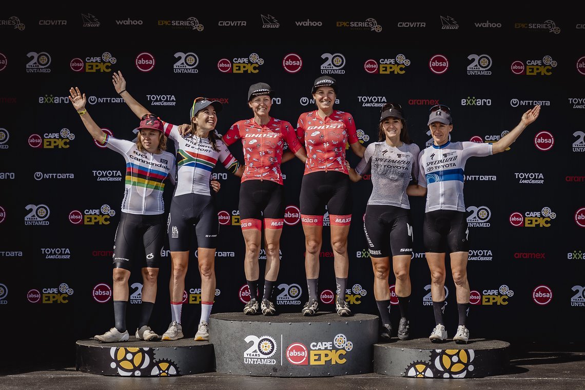 Podium Stage 5 of the 2024 Absa Cape Epic Mountain Bike stage race from CPUT, Wellington to CPUT, Wellington, South Africa on 22 March 2024. Photo by Max Sullivan/Cape Epic
PLEASE ENSURE THE APPROPRIATE CREDIT IS GIVEN TO THE PHOTOGRAPHER AND ABSA CA
