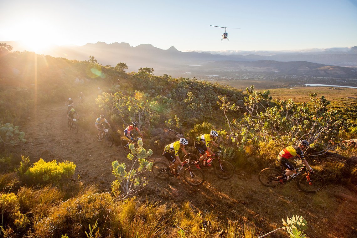 Riders during stage 1 of the 2022 Absa Cape Epic Mountain Bike stage race from Lourensford Wine
Estate to Lourensford Wine Estate, South Africa on the 21st March 2022. Photo Sam Clark/Cape Epic