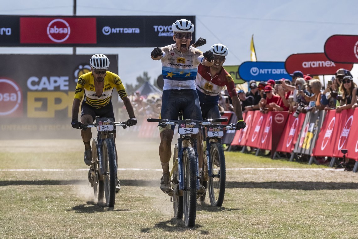 Hans Becking and Wout Alleman take the stage win from Nino Schurter and Sebastian Fini who broke a chain in the sprint during Stage 1 of the 2024 Absa Cape Epic Mountain Bike stage race from Saronsberg Wine Estate to Saronsberg Wine Estate, Tulbagh, 