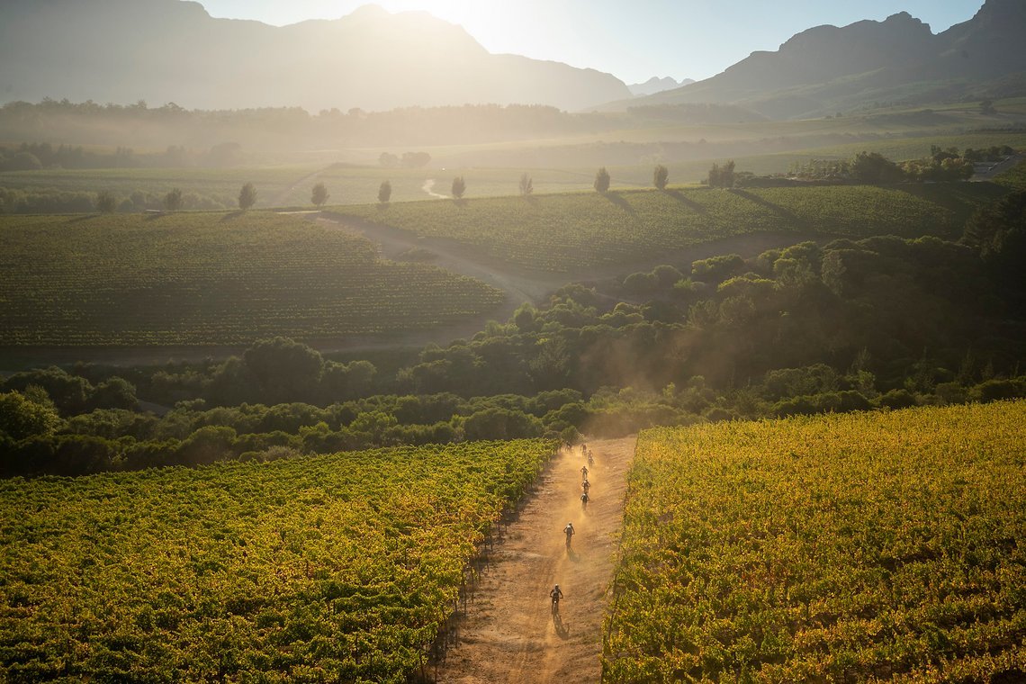 Riders during stage 1 of the 2022 Absa Cape Epic Mountain Bike stage race from Lourensford Wine Estate to Lourensford Wine Estate, South Africa on the 21st March 2022. Photo by Gary Perkin