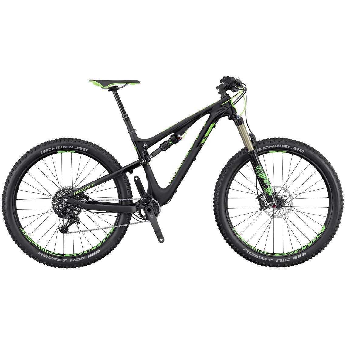 Eine Sram GX1, den Carbon HMF Hauptrahmen und eine Fox 34 Float (ohne Kashima) gibt es beim Scott Genius 710 Plus