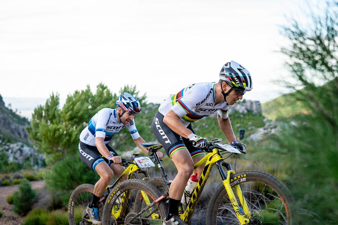 Nino Schurter and Lars Forster of Stott Sram during stage 5 of the 2019 Absa Cape Epic Mountain Bike stage race held from Oak Valley Estate in Elgin to the University of Stellenbosch Sports Fields in Stellenbosch, South Africa on the 22nd March 2019.