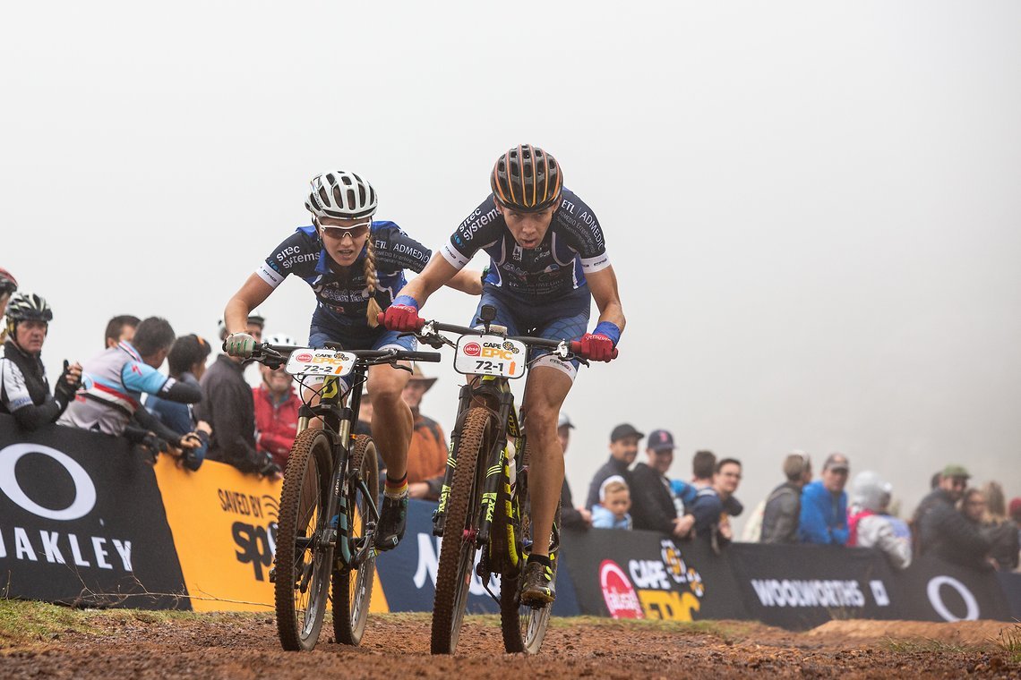 Sebastian Stark (R) and Laura Stark (L) during the Prologue of the 2019 Absa Cape Epic Mountain Bike stage race held at the University of Cape Town in Cape Town, South Africa on the 17th March 2019.

Photo by Sam Clark/Cape Epic

PLEASE ENSURE TH