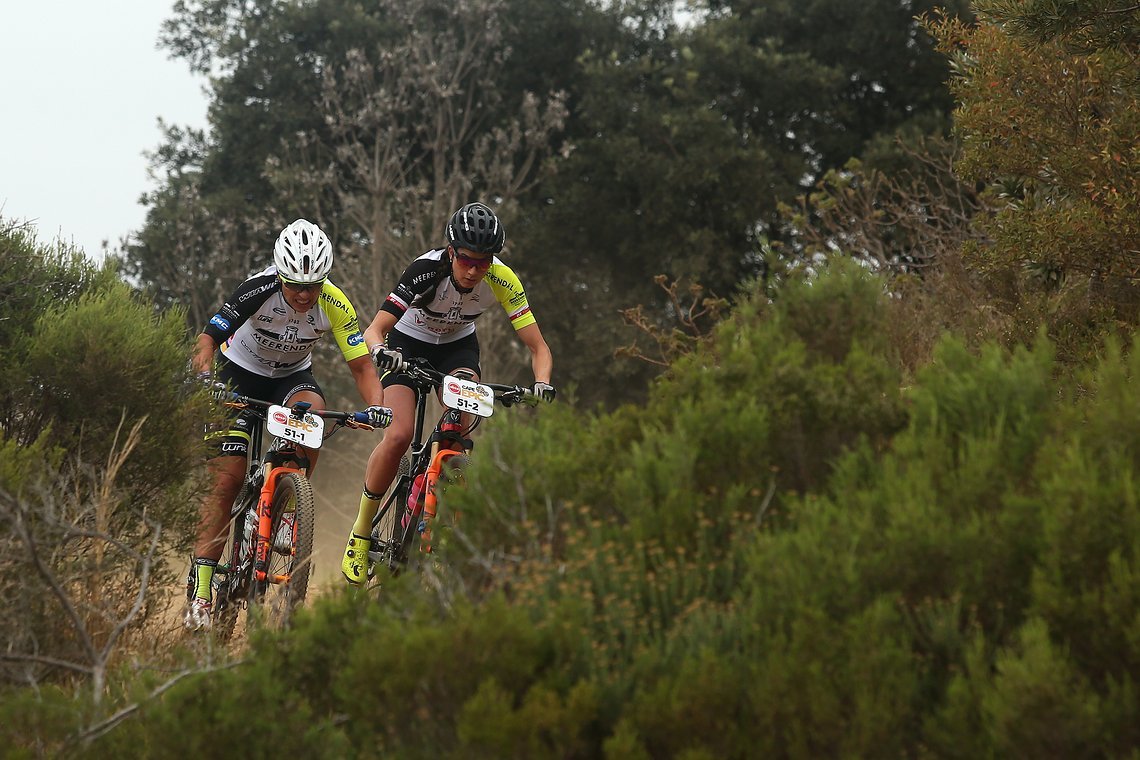 Sabine Spitz and Nadine Rieder of Meerendal WIAWIS Rotwild during the Prologue of the 2019 Absa Cape Epic Mountain Bike stage race held at the University of Cape Town in Cape Town, South Africa on the 17th March 2019.

Photo by Shaun Roy/Cape Epic

