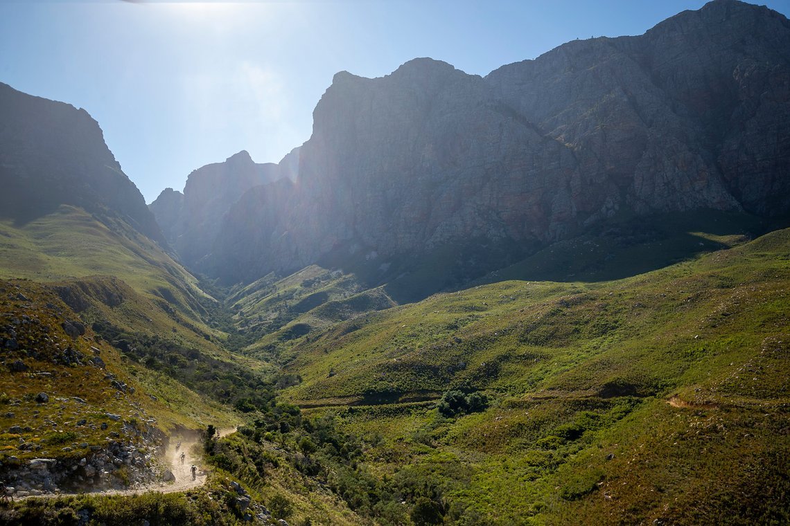 Riders during stage 1 of the 2022 Absa Cape Epic Mountain Bike stage race from Lourensford Wine Estate to Lourensford Wine Estate, South Africa on the 21st March 2022. Photo by Gary Perkin