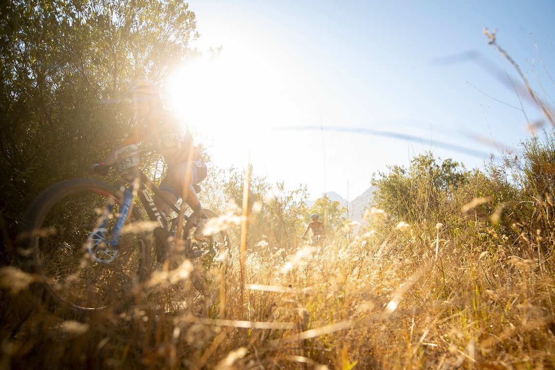 Pauline Ferrand Prevot and Robyn de Groot of BMC MTB Racing during stage 1 of the 2022 Absa Cape Epic Mountain Bike stage race from Lourensford Wine Estate to Lourensford Wine Estate, South Africa on the 21st March 2022. Photo by Gary Perkin
