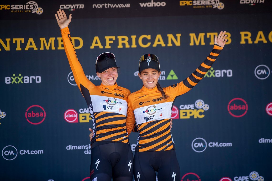 Women’s Overall Leaders Haley Batten & Sofia Gomez Villafane of NinetyOne-Songo-Specialized during stage 1 of the 2022 Absa Cape Epic Mountain Bike stage race from Lourensford Wine Estate to Lourensford Wine Estate, South Africa on the 21st March 202