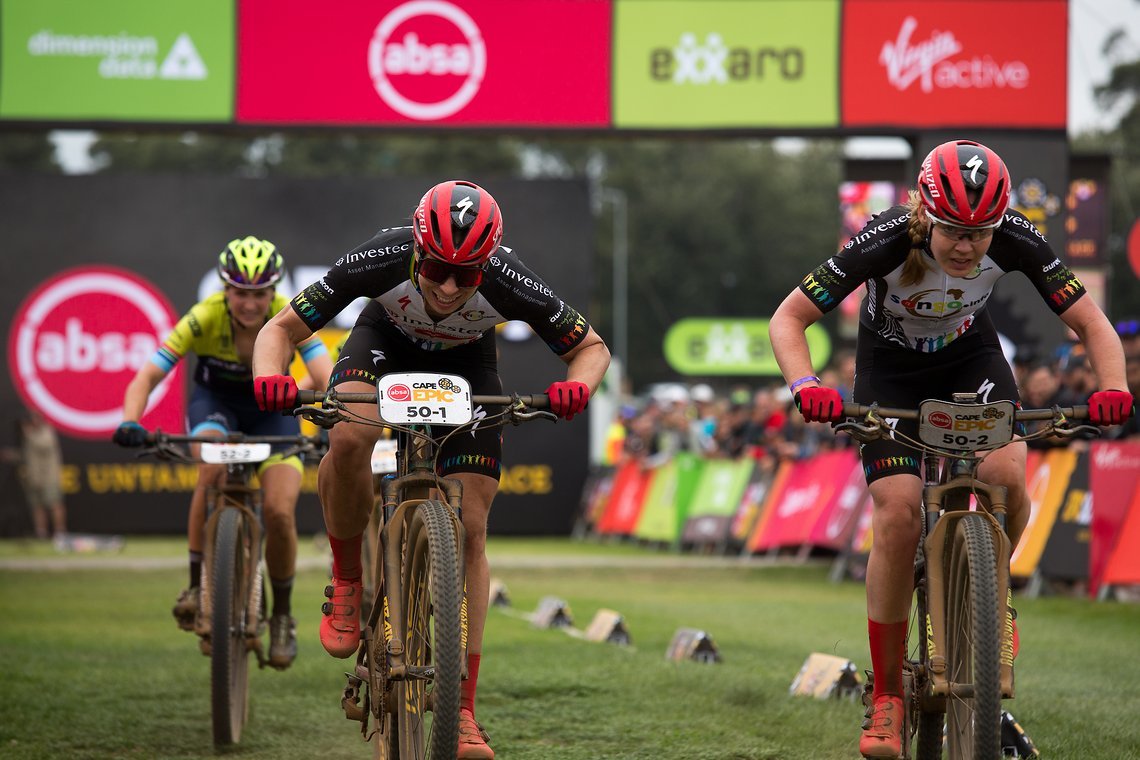 Annika Langvad & Anna van der Breggen  of Investec-Songo-Specialized cross the finish line during the Prologue of the 2019 Absa Cape Epic Mountain Bike stage race held at the University of Cape Town in Cape Town, South Africa on the 17th March 2019.
