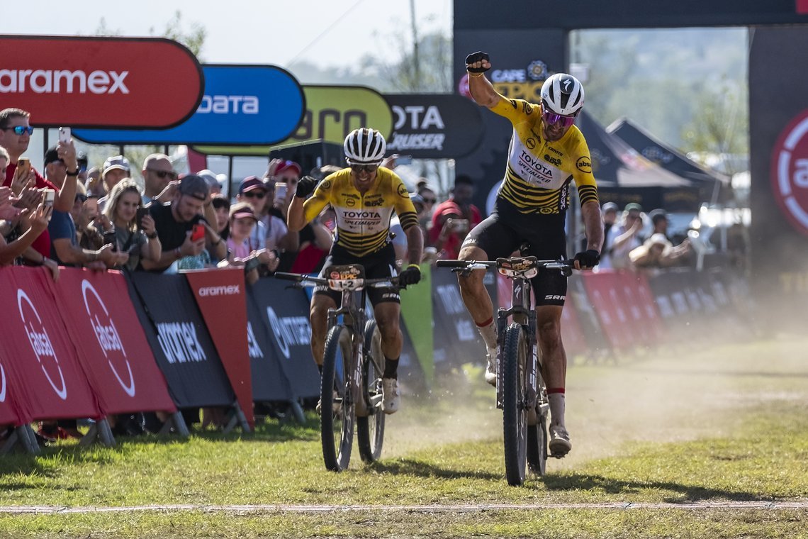 Matt Beers and Howard Grotts come in hot to win Stage 5 of the 2024 Absa Cape Epic Mountain Bike stage race from CPUT, Wellington to CPUT, Wellington, South Africa on 22 March 2024. Photo by Dom Barnardt /Cape Epic
PLEASE ENSURE THE APPROPRIATE CREDI