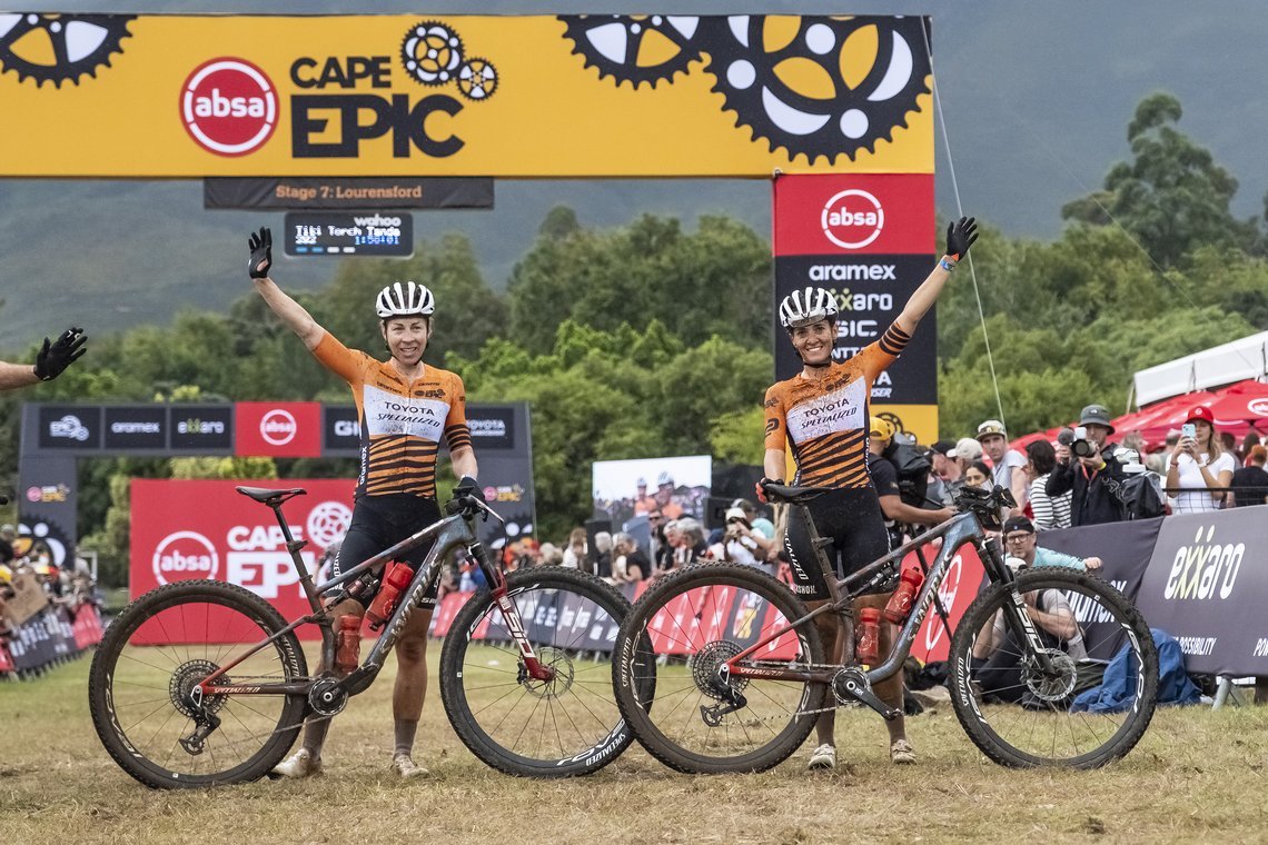 Annika Langvad and Sofia Villifane during Stage 7 of the 2025 Absa Cape Epic Mountain Bike stage race held at Lourensford Wine Estate, Somerset West, Cape Town, South Africa on the 23rd March 2025. Photo by Dom Barnardt/Cape Epic
PLEASE ENSURE THE AP