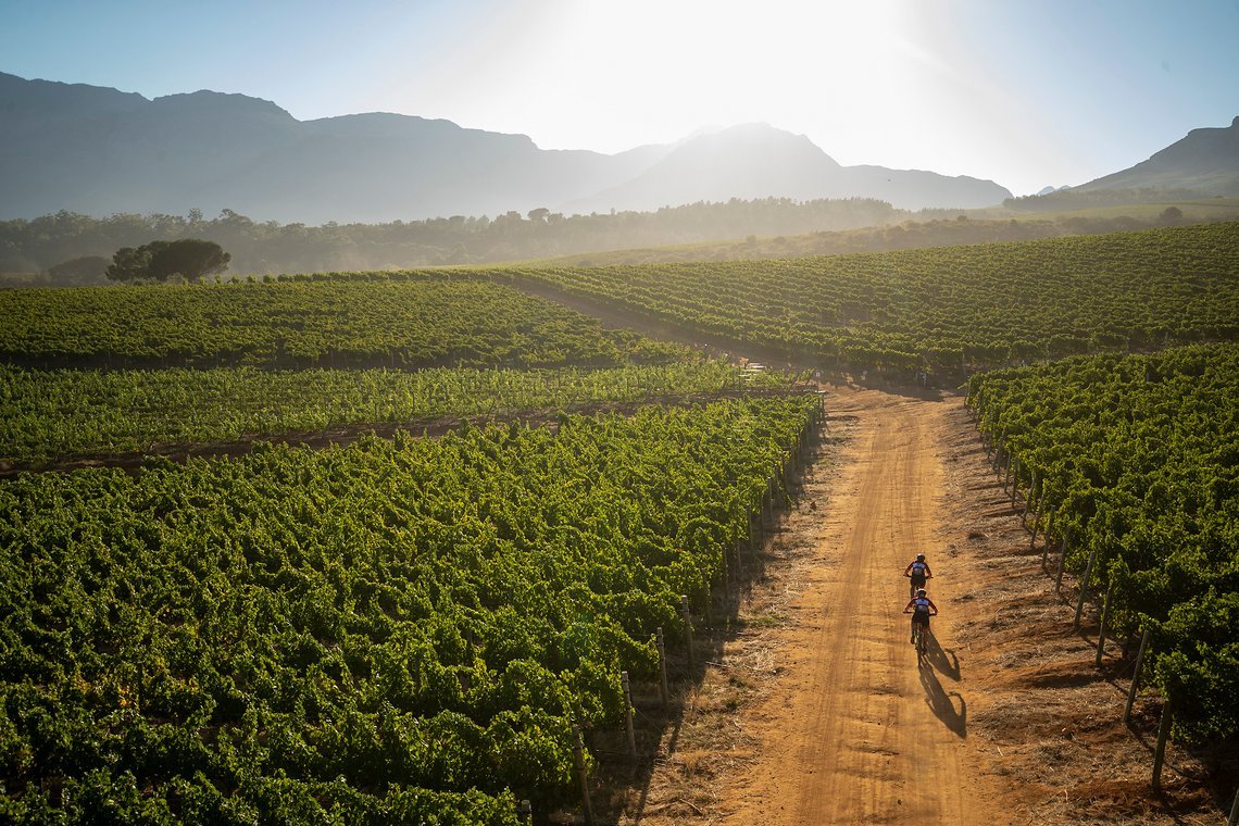 Mariske Strauss and Candice Lill of Faces Rola during stage 1 of the 2022 Absa Cape Epic Mountain Bike stage race from Lourensford Wine Estate to Lourensford Wine Estate, South Africa on the 21st March 2022. Photo by Gary Perkin