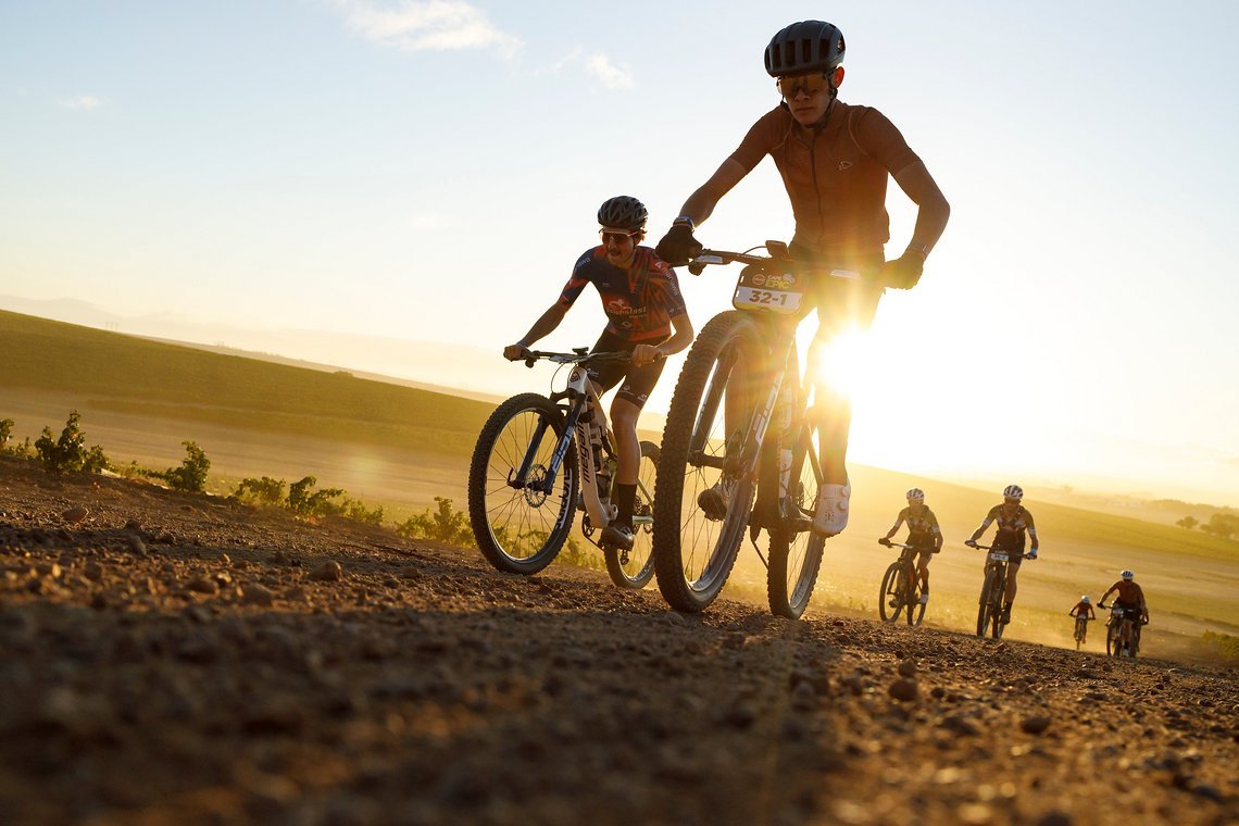 during Stage 1 of the 2025 Absa Cape Epic Mountain Bike stage race held at Meerendal Wine Estate, Cape Town, South Africa on the 17th March 2025. Photo by Nick Muzik/Cape Epic
PLEASE ENSURE THE APPROPRIATE CREDIT IS GIVEN TO THE PHOTOGRAPHER AND ABSA