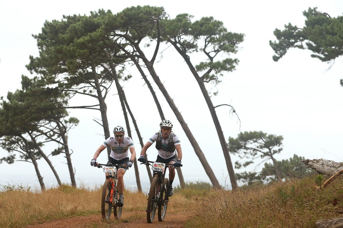 Andrew Coetzee and Edwin Hurlow during the Prologue of the 2019 Absa Cape Epic Mountain Bike stage race held at the University of Cape Town in Cape Town, South Africa on the 17th March 2019.

Photo by Shaun Roy/Cape Epic

PLEASE ENSURE THE APPROP