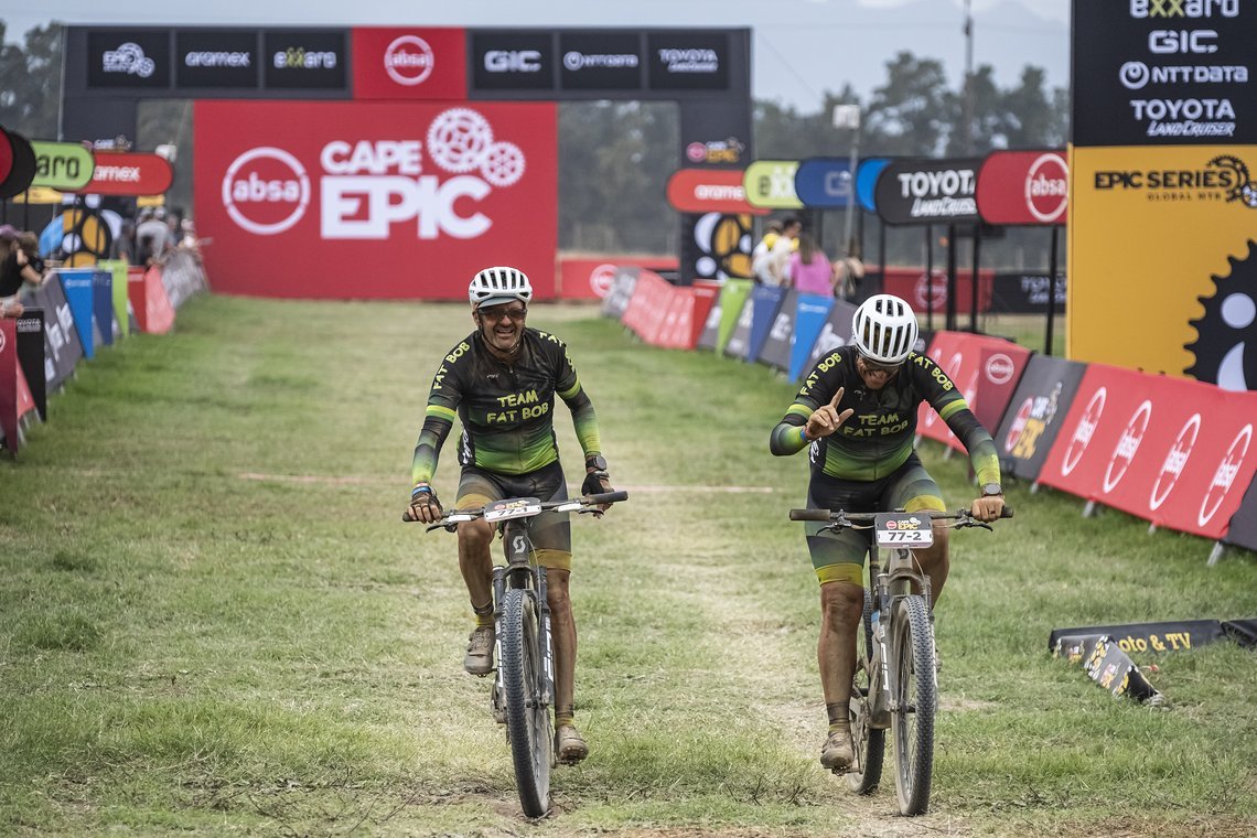 John Gale and  Philip Ferreira finish Stage 4 of the 2025 Absa Cape Epic Mountain Bike stage race held at Fairview, Paarl, Cape Town, South Africa on the 20th March 2025. Photo by Dom Barnardt/Cape Epic
PLEASE ENSURE THE APPROPRIATE CREDIT IS GIVEN T