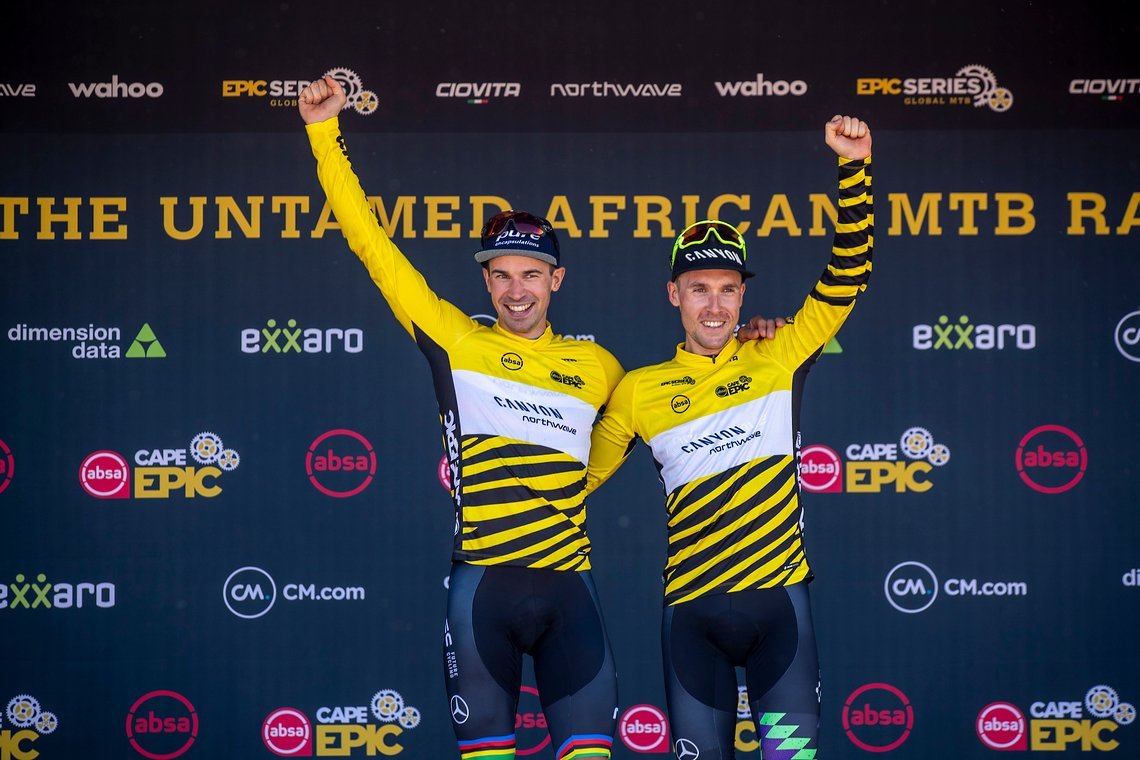 Overall leaders Andreas Seewald and Martin Stosek of Canyon Northwave MTB during stage 1 of the 2022 Absa Cape Epic Mountain Bike stage race from Lourensford Wine Estate to Lourensford Wine Estate, South Africa on the 21st March 2022. Photo by Gary P
