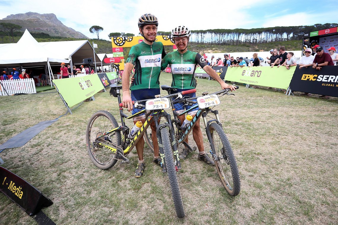 Mixed Green Jersey leaders Sebastian Stark & Laura Stark of TBR-Werner during stage 5 of the 2019 Absa Cape Epic Mountain Bike stage race held from Oak Valley Estate in Elgin to the University of Stellenbosch Sports Fields in Stellenbosch, South Afri