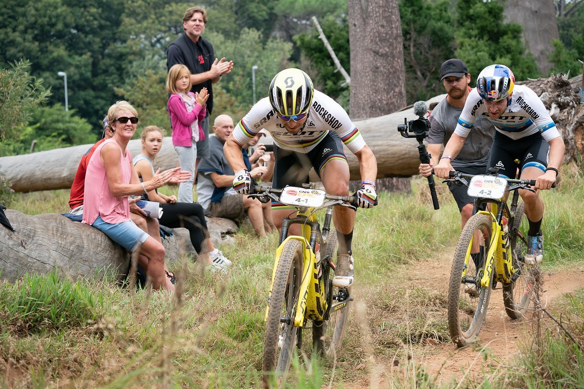 Nino SCHURTER (SUI) and Lars FORSTER (SUI) of team Scott-SRAM MTB-Racing during the Prologue of the 2019 Absa Cape Epic Mountain Bike stage race held at the University of Cape Town in Cape Town, South Africa on the 17th March 2019.

Photo by Greg B