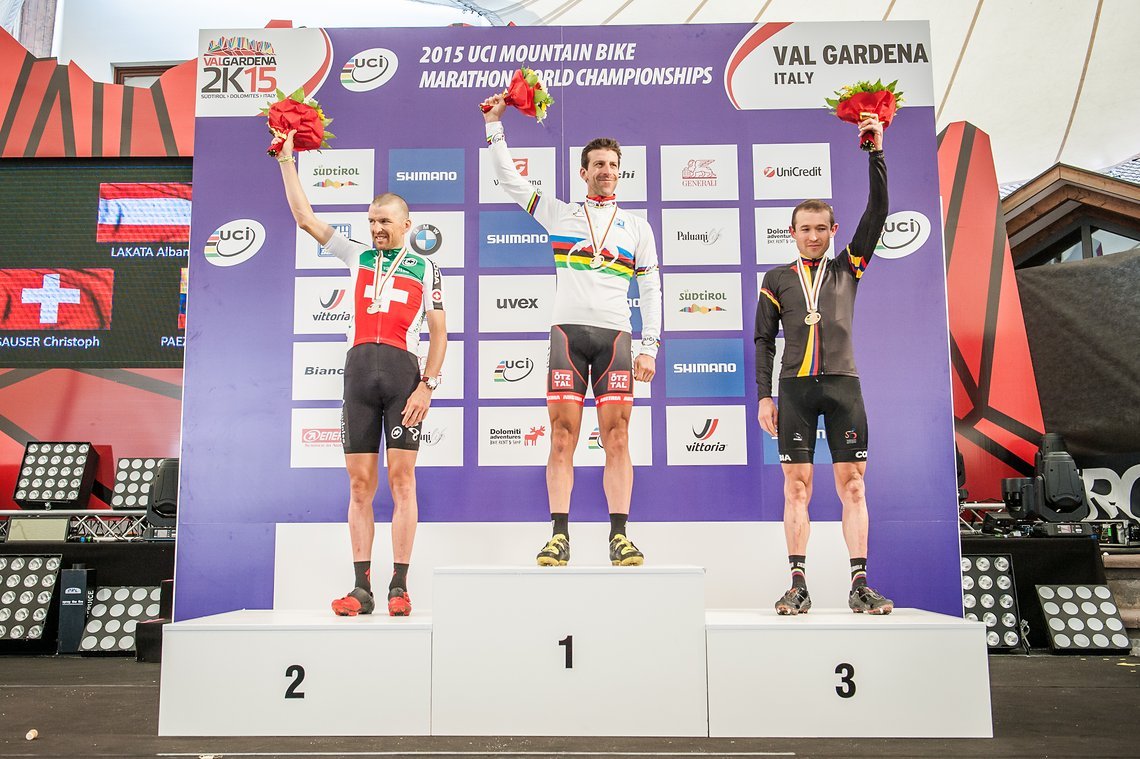 Das Podium bei den Herren: Christoph Sauser, Alban Lakata und Leonardo Paez.
