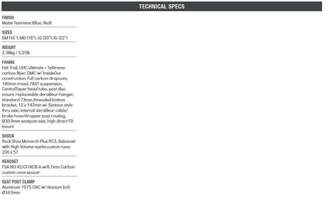 Felt Decree FRD Frameset Specs und Geometrie