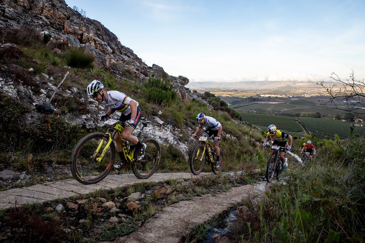 Nino Schurter of SCOTT SRAM leads the race during stage 5 of the 2019 Absa Cape Epic Mountain Bike stage race held from Oak Valley Estate in Elgin to the University of Stellenbosch Sports Fields in Stellenbosch, South Africa on the 22nd March 2019.
