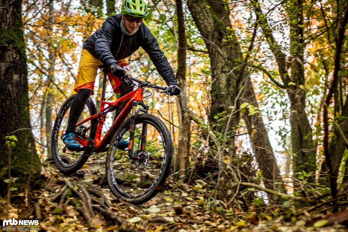 Wurzelige Trails sind durch die steifen Felgen quasi ungefiltert spürbar und erfordern schnelle Reaktionen Wurzelige Trails sind durch die steifen Felgen quasi ungefiltert spürbar und erfordern schnelle Reaktionen