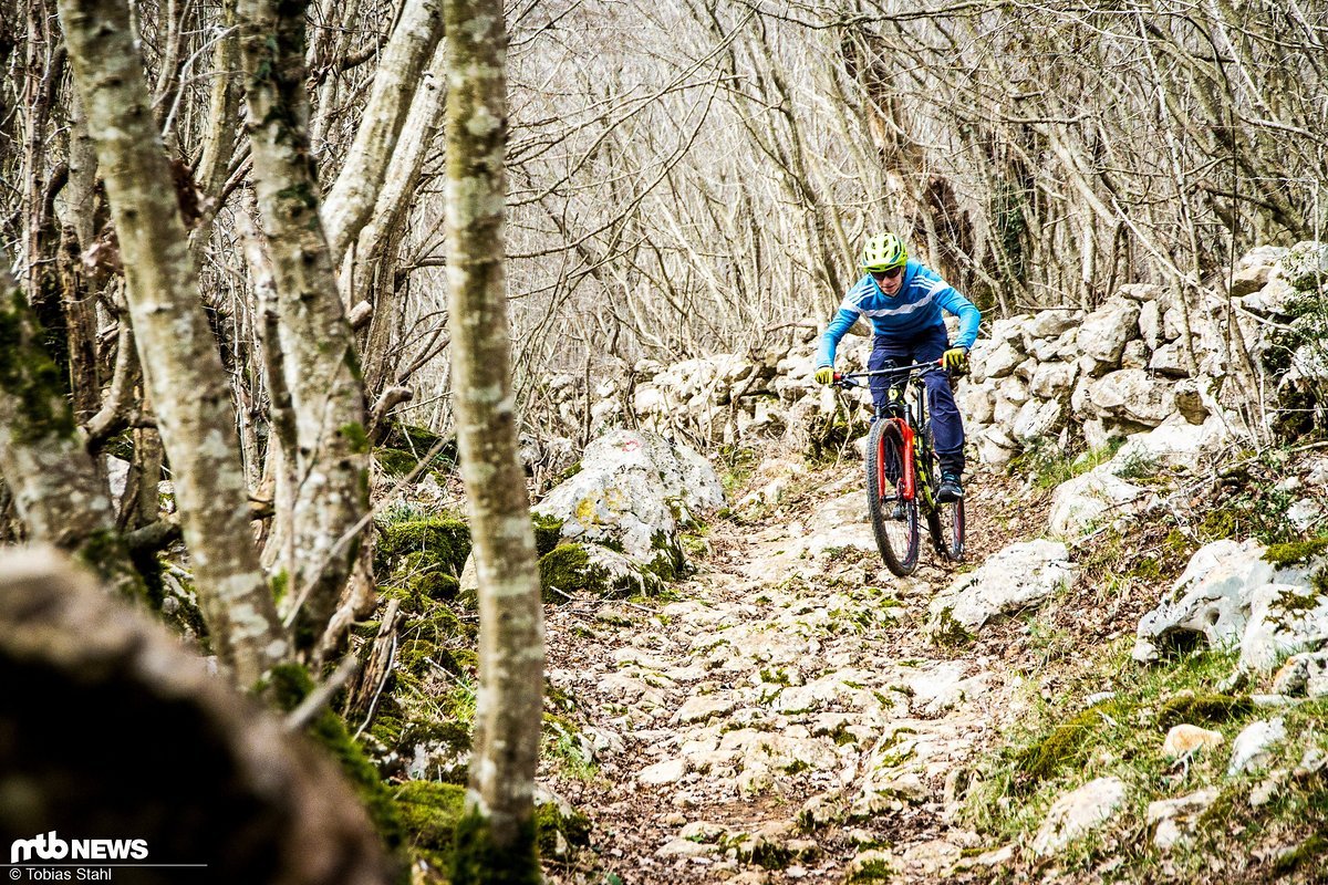 Steinwüsten in Kroatien: Die Sicherheit, mit der sich das Scott bei hohen Geschwindigkeiten durch technische Sektionen bewegen lässt, ist für ein Cross Country-Bike beeindruckend Steinwüsten in Kroatien: Die Sicherheit, mit der sich das Scott bei hohen Geschwindigkeiten durch technische Sektionen bewegen lässt, ist für ein Cross Country-Bike beeindruckend